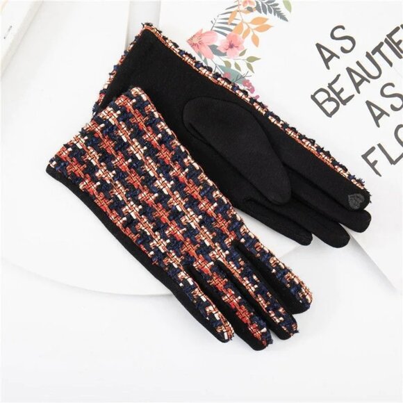 2/$30 Touchscreen Gloves Plaid Tweed Design Navy Red Black Ivory Metallic Gold - Picture 1 of 8